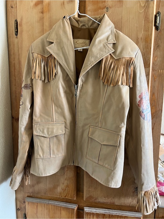 Scully Jackets & Blazers - Scully Beige Fringe Leather Jacket with Sleeve Artwork
